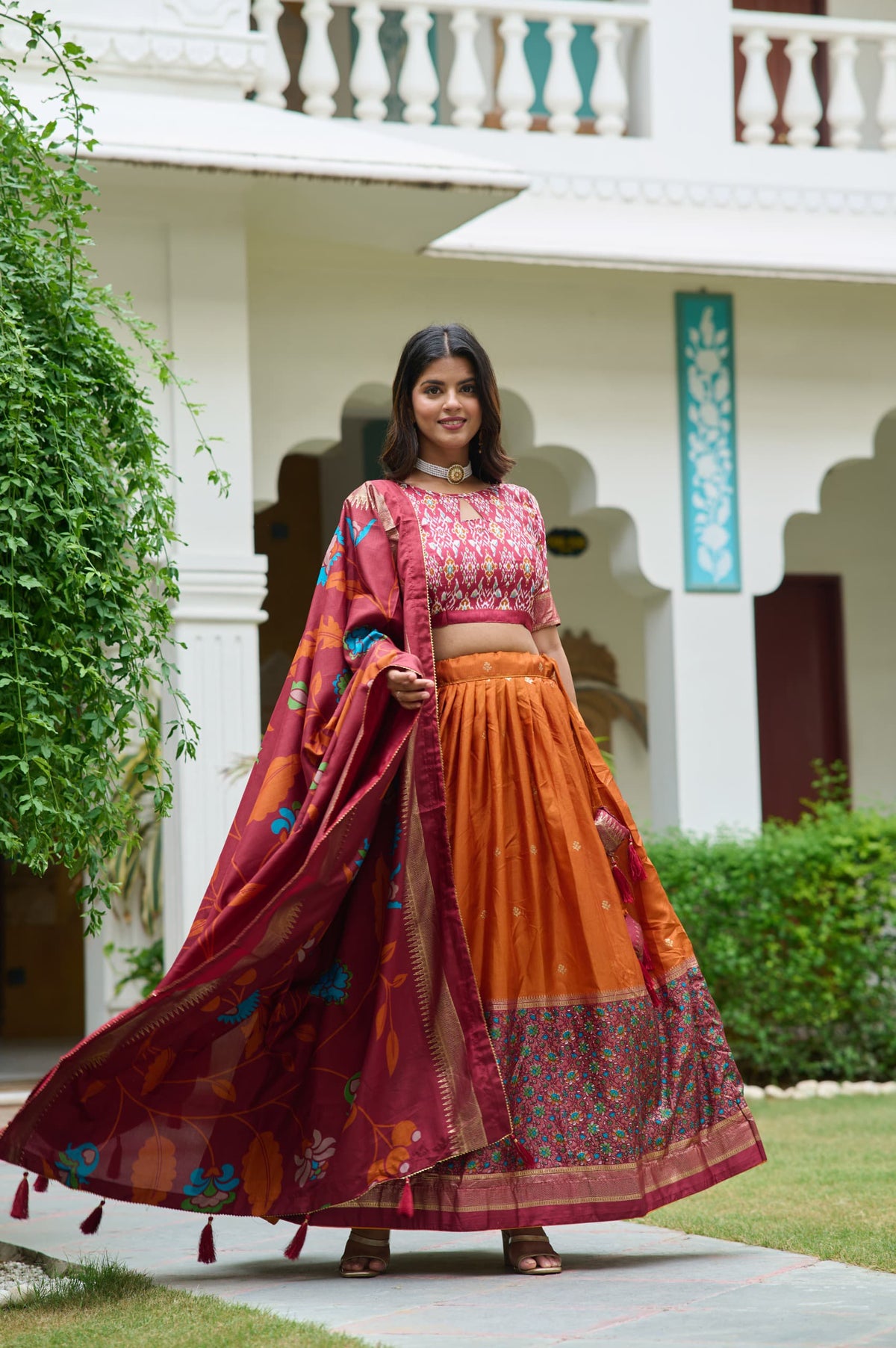 Gorgeous Mustard Color Meenakari With Foil Print Dola Silk Lehenga Choli