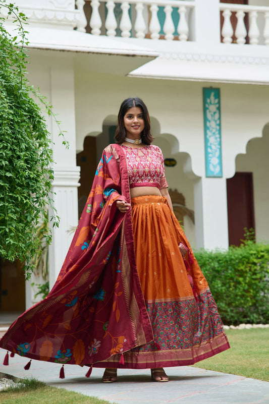 Gorgeous Mustard Color Meenakari With Foil Print Dola Silk Lehenga Choli