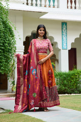 Gorgeous Mustard Color Meenakari With Foil Print Dola Silk Lehenga Choli