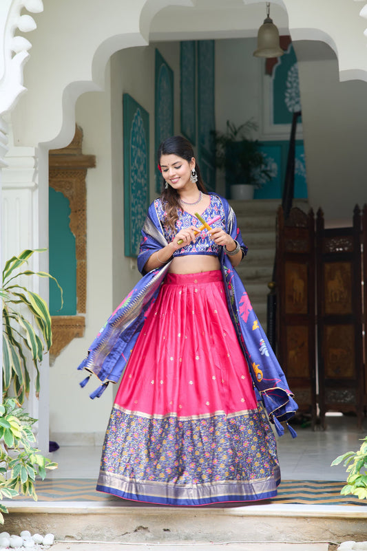 Gorgeous Pink Color Meenakari With Foil Print Dola Silk Lehenga Choli