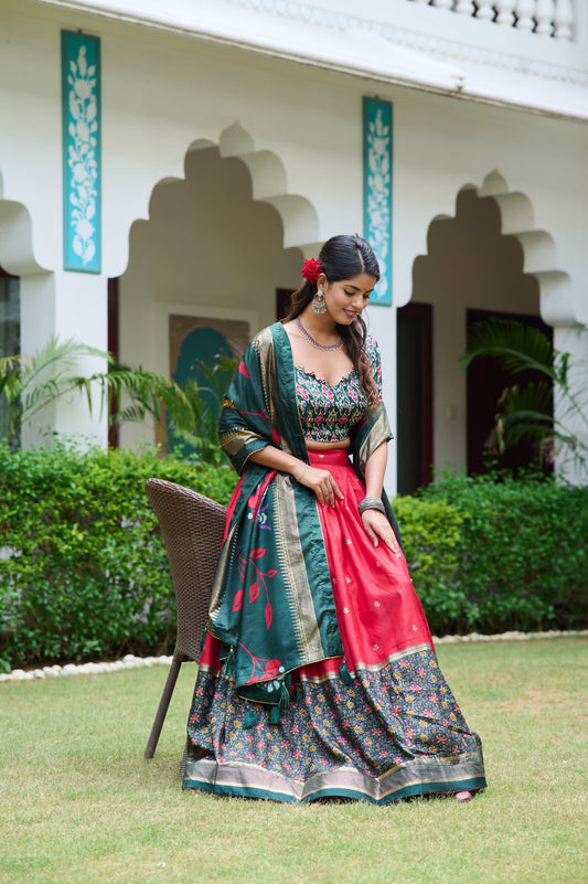 Gorgeous Red Color Meenakari With Foil Print Dola Silk Lehenga Choli