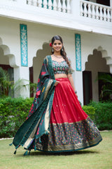 Gorgeous Red Color Meenakari With Foil Print Dola Silk Lehenga Choli