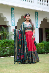 Gorgeous Red Color Meenakari With Foil Print Dola Silk Lehenga Choli