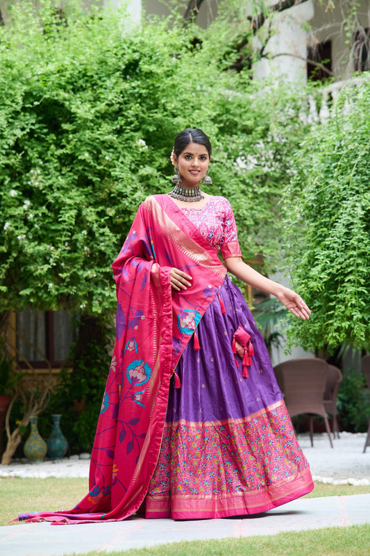 Gorgeous Purple Color Meenakari With Foil Print Dola Silk Lehenga Choli