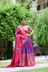 Gorgeous Purple Color Meenakari With Foil Print Dola Silk Lehenga Choli