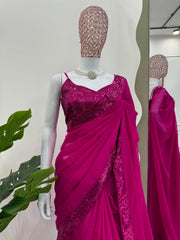 Party Wear Pink Color Sequence Work Lace Border Work Saree