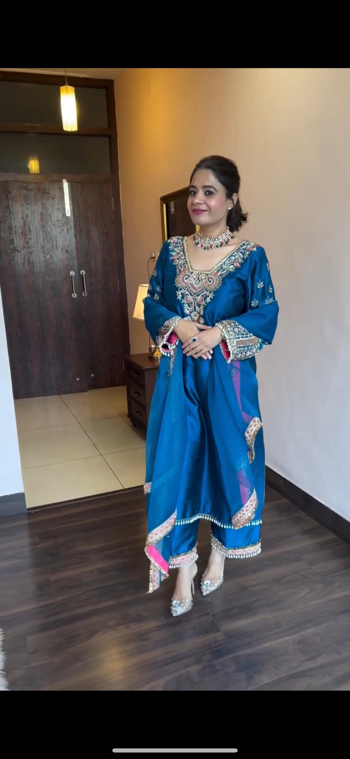 Wonderful Heavy Vichitra Silk Blue Color Palazzo Suit