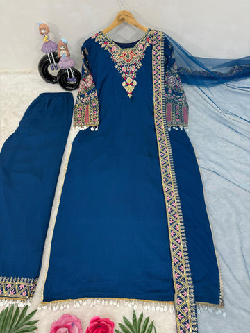 Wonderful Heavy Vichitra Silk Blue Color Palazzo Suit