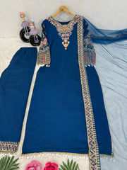 Wonderful Heavy Vichitra Silk Blue Color Palazzo Suit