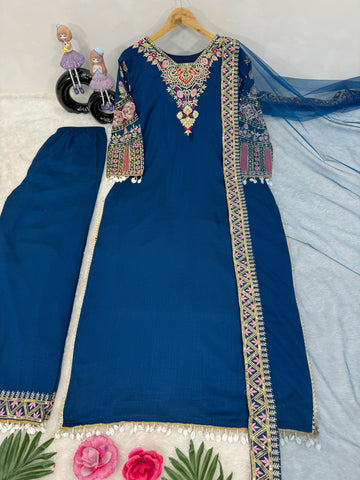 Wonderful Heavy Vichitra Silk Blue Color Palazzo Suit