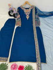 Wonderful Heavy Vichitra Silk Blue Color Palazzo Suit