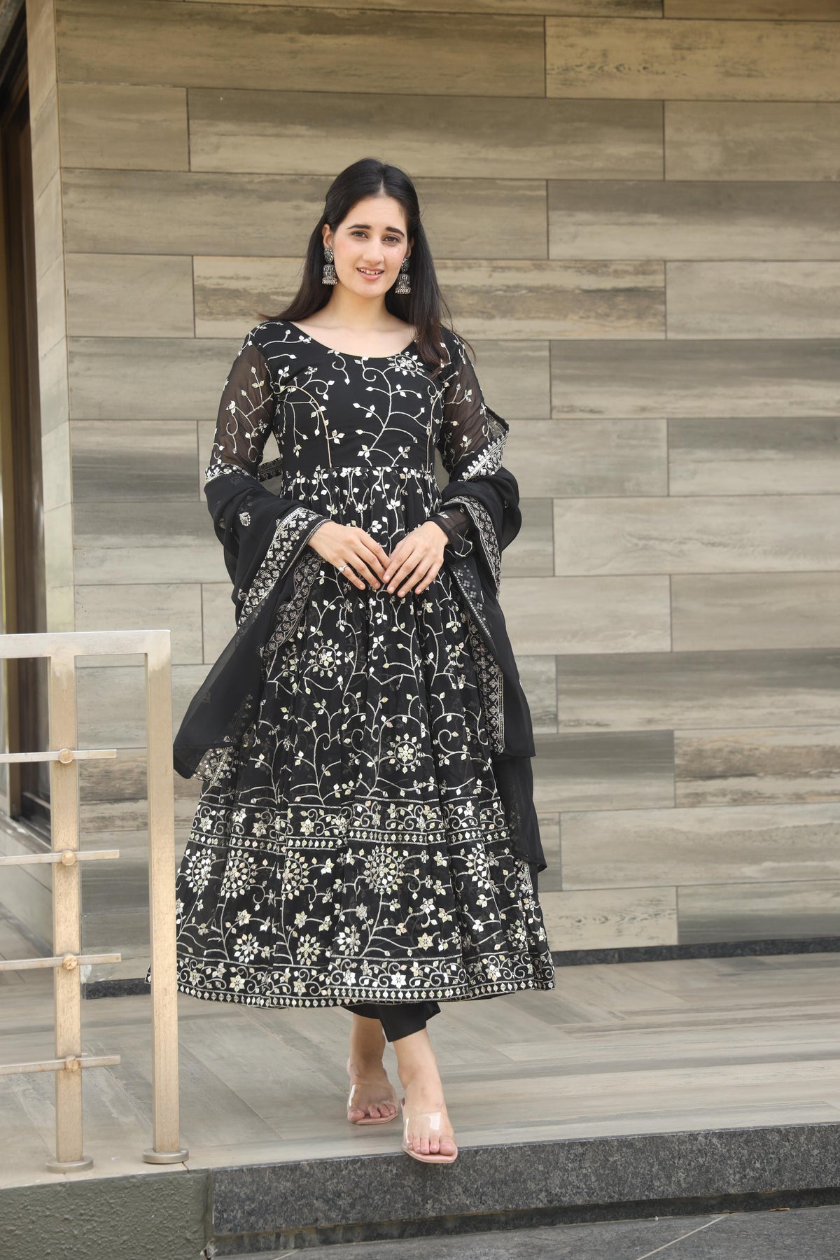 Luxuriant 9mm Embroidery Work Black Color Anarkali Suit