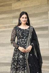 Luxuriant 9mm Embroidery Work Black Color Anarkali Suit