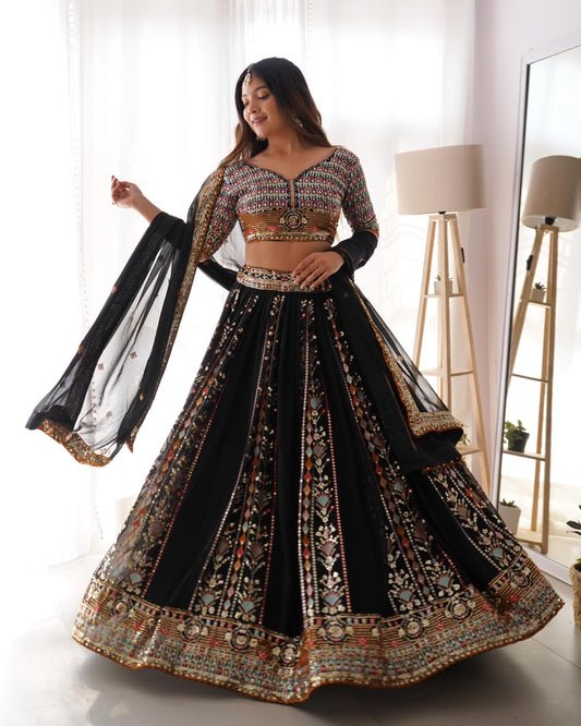 Outstanding Embroidery Work Black Color Lehenga Choli