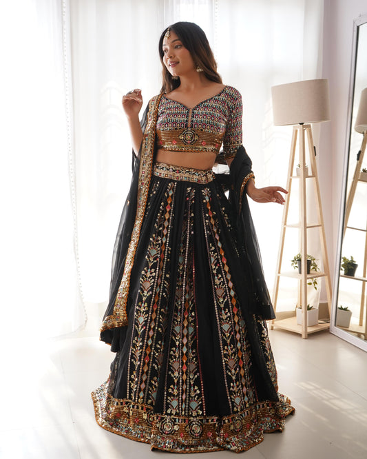 Outstanding Embroidery Work Black Color Lehenga Choli