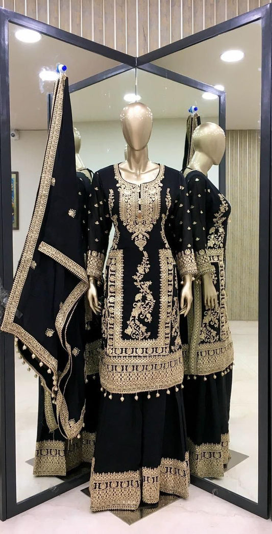 Attractive Embroidery Work Black Color Sharara Suit