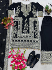 Attractive Embroidery Work Black Color Sharara Suit