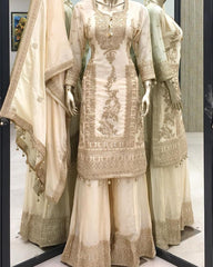 Attractive Embroidery Work Cream Color Sharara Suit