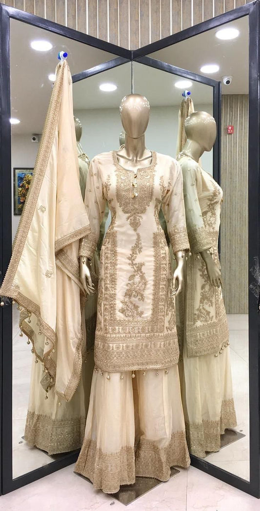 Attractive Embroidery Work Cream Color Sharara Suit