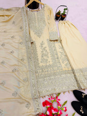 Attractive Embroidery Work Cream Color Sharara Suit