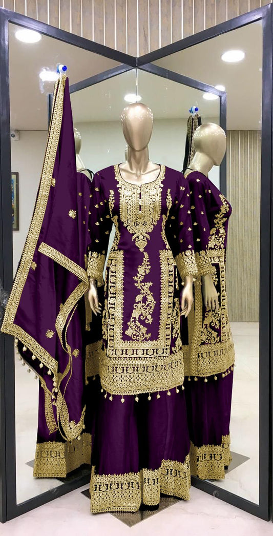 Attractive Embroidery Work Wine Color Sharara Sui