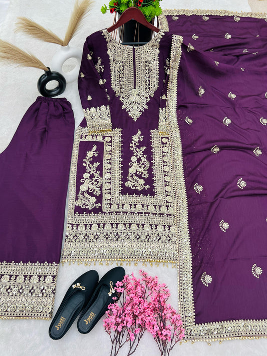 Attractive Embroidery Work Wine Color Sharara Sui