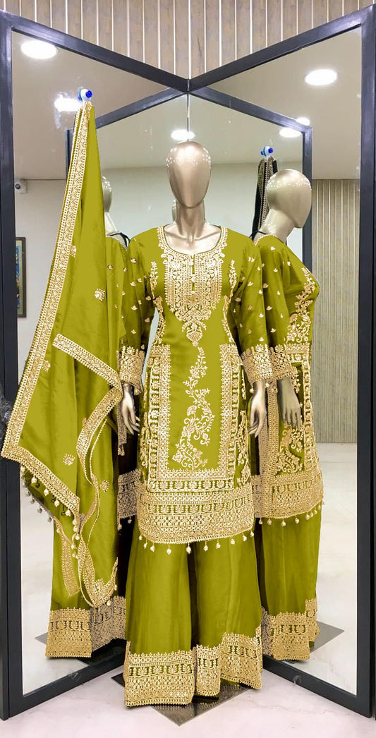 Attractive Embroidery Work Perrot Color Sharara Sui