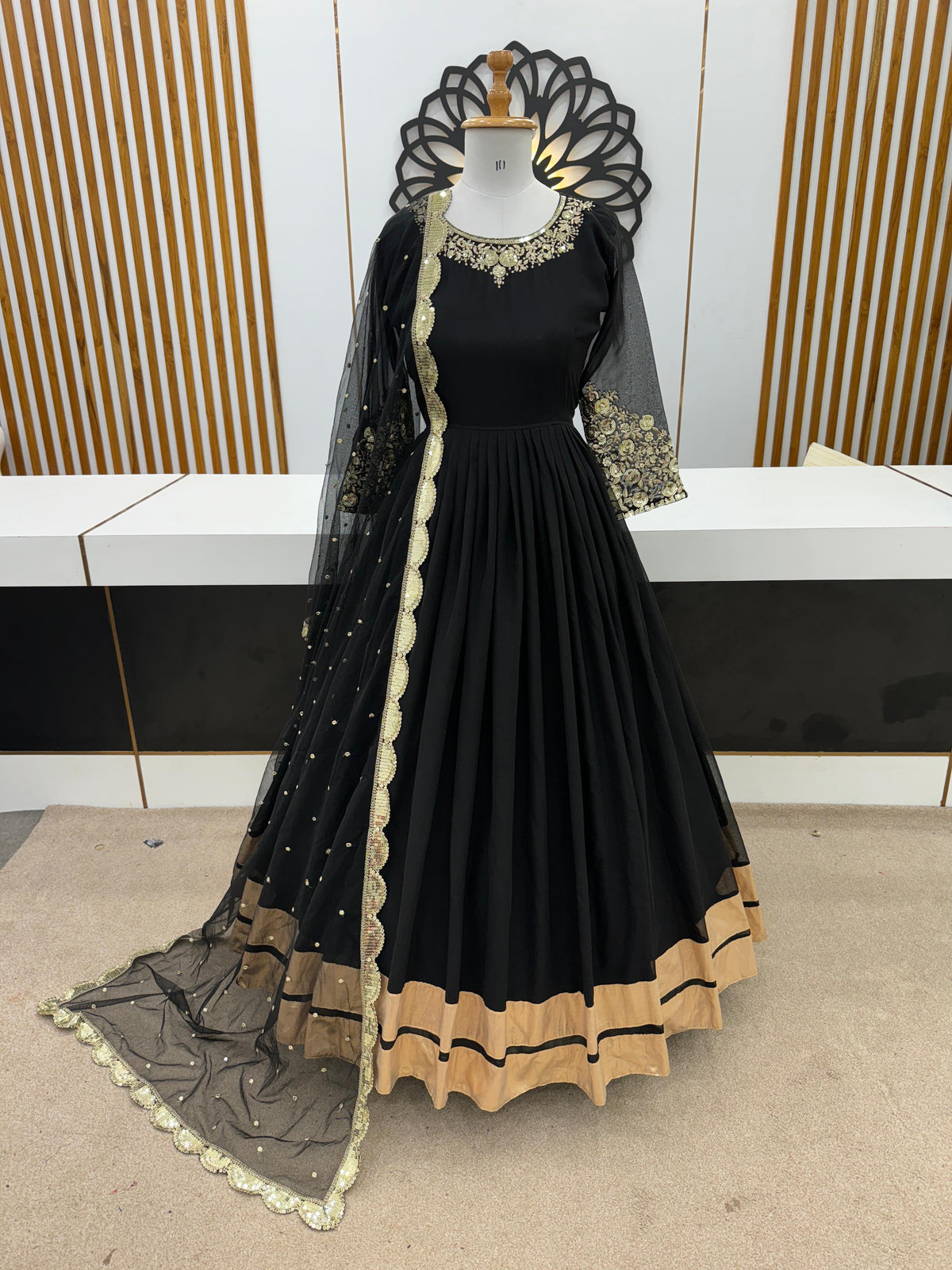 Awesome Georgette Golden Lace Border Work Black Color Long Gown