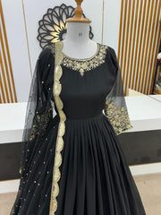 Awesome Georgette Golden Lace Border Work Black Color Long Gown