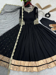 Awesome Georgette Golden Lace Border Work Black Color Long Gown