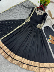 Awesome Georgette Golden Lace Border Work Black Color Long Gown