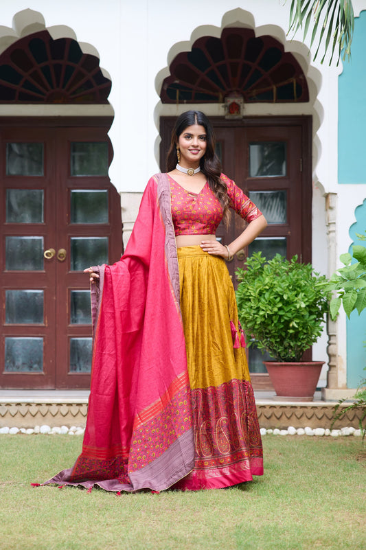 Gorgeous Tussar Silk Mustard Color Lehenga Choli