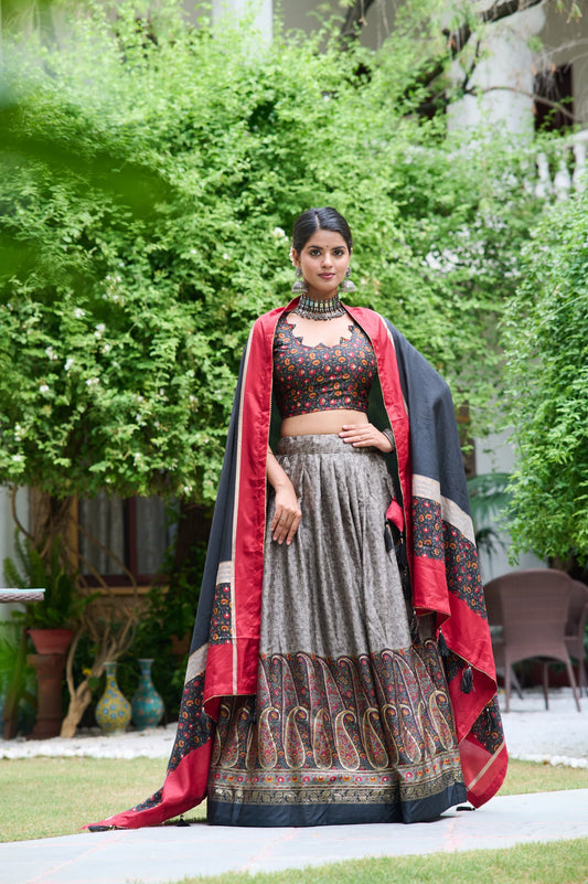 Gorgeous Tussar Silk Grey Color Lehenga Choli