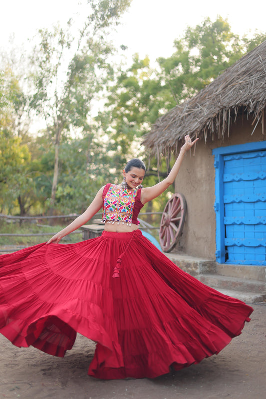 Mesmerizing Red Color Reyon Lehenga Choli With Work Koti