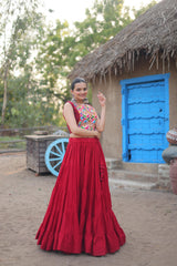 Mesmerizing Red Color Reyon Lehenga Choli With Work Koti