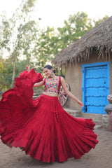 Mesmerizing Red Color Reyon Lehenga Choli With Work Koti