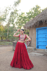 Mesmerizing Red Color Reyon Lehenga Choli With Work Koti