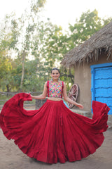 Mesmerizing Red Color Reyon Lehenga Choli With Work Koti