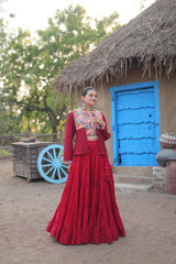 Mesmerizing Red Color Reyon Lehenga Choli With Work Koti