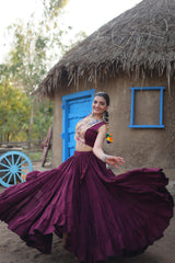 Mesmerizing Wine Color Reyon Lehenga Choli With Work Koti