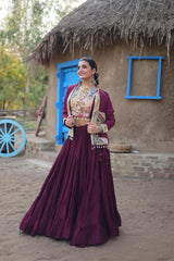 Mesmerizing Wine Color Reyon Lehenga Choli With Work Koti