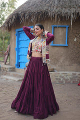 Mesmerizing Wine Color Reyon Lehenga Choli With Work Koti