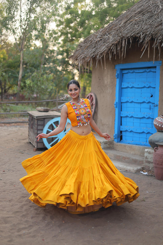 Mesmerizing Yellow Color Reyon Lehenga Choli With Work Koti