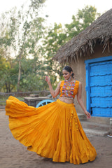 Mesmerizing Yellow Color Reyon Lehenga Choli With Work Koti