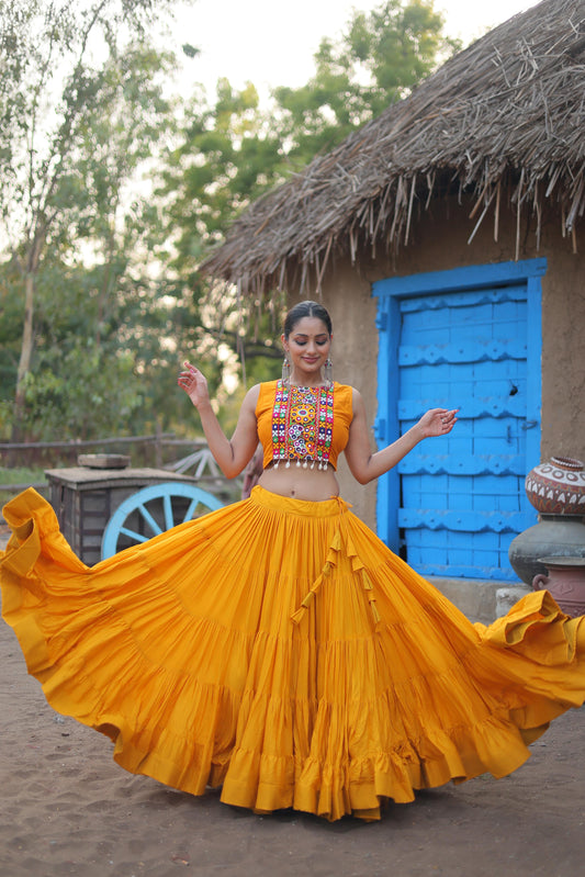 Mesmerizing Yellow Color Reyon Lehenga Choli With Work Koti