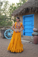 Mesmerizing Yellow Color Reyon Lehenga Choli With Work Koti