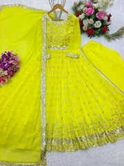 Georgette Lemon Yellow Color Fully Stitched Anarkali Suit