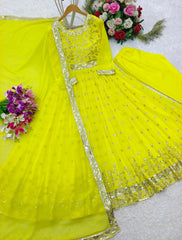 Georgette Lemon Yellow Color Fully Stitched Anarkali Suit