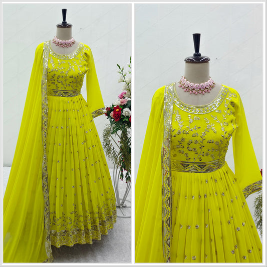 Georgette Lemon Yellow Color Fully Stitched Anarkali Suit