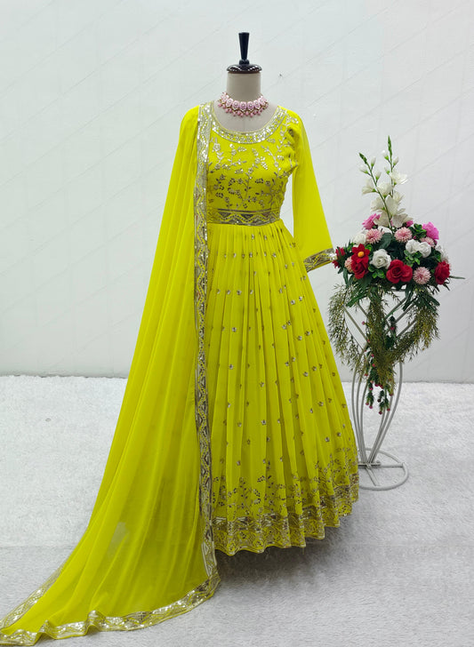 Georgette Lemon Yellow Color Fully Stitched Anarkali Suit